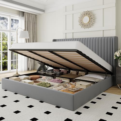 Image of Allewie King Size Lift Up Storage Bed Frame Channel Tufted Headboard Grey