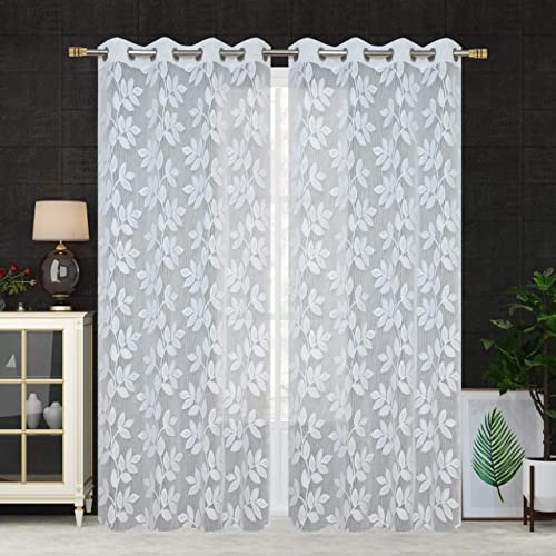 Image of Honger Polyester Beautiful Floral Design Imported Net Tissue Pack of 2 Pecs Curtains for White Leaves Design Net for 4 x 5 Feet Window Use Net Curtains