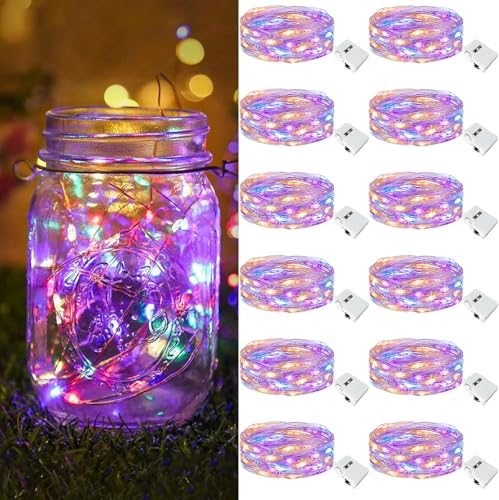 Image of LITVERSE 12 Pack Fairy Lights Battery Operated [3 Modes], 7ft 20 Led Twinkle Lights String Lights Waterproof Bulk Small Mini Silver Wire for Mason Jars Vases Wedding Table Centerpiece, Multicolor