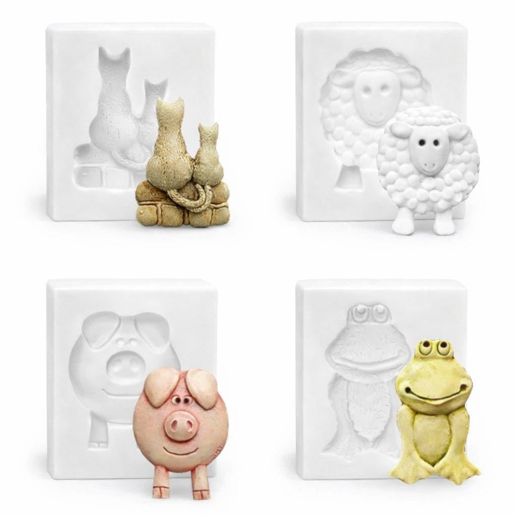 Mini Sculpture Moulds Silicone Moulds - Set Of 4 Cat, Frog, Pig And Sheep - Food Safe