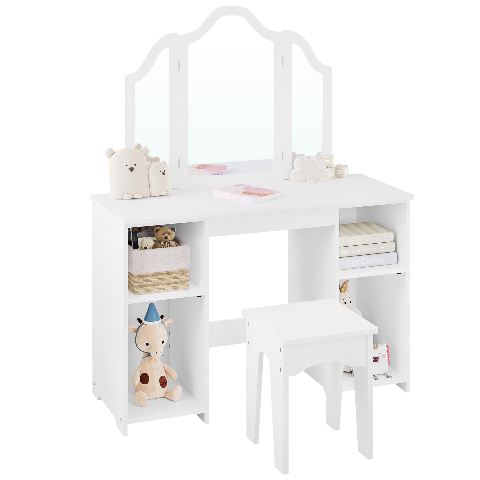 WOLTU Mesa Tocador Infantil con Taburete y Espejo Plegable, Conjunto de Tocador Maquillaje de 3 Piezas, con 4 Compartimentos, Estante Ajustable, Blanco, MDF, MB6120ws