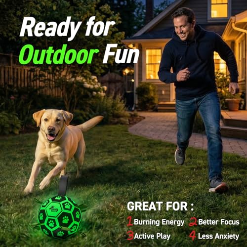 Image of QDAN Glow in The Dark Dog Toys Soccer Ball with Straps, Outdoor Interactive Dog Toys Puppy Birthday Gifts, Dog Tug Water Toy, Light Up Dog Balls for Small & Medium Dogs(6 Inch Size 2) | Light Up Dog Balls for Small & Medium Dogs, 20-40 lbs Dogs Balls, Interactive Water Toy, 6 Inch, Herding Ball Small Dogs
