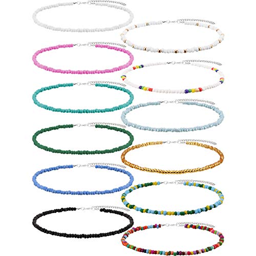 12 Pieces Bead Choker Necklace Rice Beaded Necklace Adjustable Turquoise Bead Chains for Women and Girls, 12 Colors
