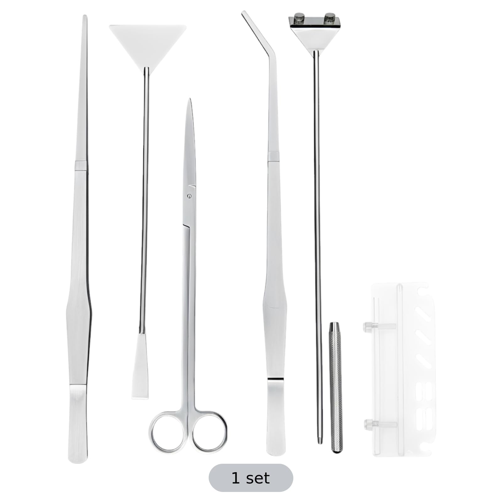 Kit d'outils aquascaping en acier inoxydable, lot de 6 pour aquarium, avec grattoir à algues, pinces 38 cm, ciseaux 30 cm, spatule à sable 32 cm, support acrylique, argent pour plantes aquatiques