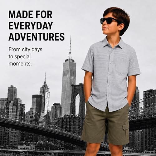 Image of DKNY Boys Shorts Set - 2 Piece Short Sleeve Collared Button Down Shirt and Matching Shorts for Boys (Sizes: 8-12)