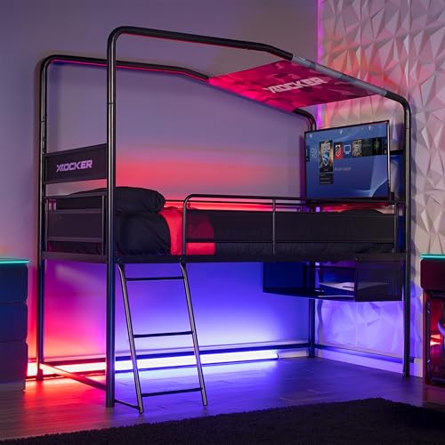 X-Rocker Contra Mid Sleeper Bed, TV Gaming Bed with Storage, 4-Way Build Black Metal Frame with Multi-Placement Ladder. 32" TV Mount for Boys and for Girls, Gaming Bedroom - BLACK