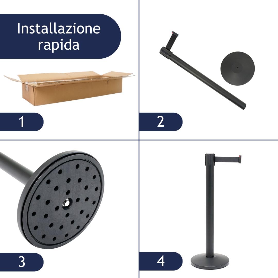 Danieli - Colonnina Segnapercorso con Nastro Estensibile Fino a 5 metri. Nero Opaco, Base Conica (Nero)