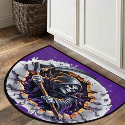 Image of cfpolar Half Round Door Mat Halloween Purple Skull Scythe Non-Slip Semi Circle Area Rug Washable Half Moon Hearth Rugs for Indoor Outdoor Bathroom Kitchen Patio Runner Mat Laundry Room Home Decoration