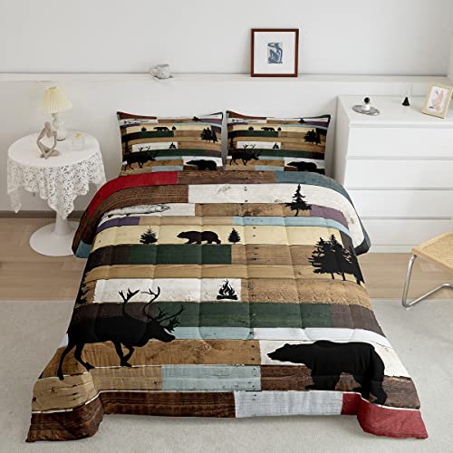 Erosebridal Hunting Adventure Theme Bedding Rustic Farmhouse Comforter Set Queen Vintage Log Cabin Bedding Sets & Collections Microfiber Rv Accessories Bed Set Striped Decor Quilt Comforter 3 Piece #TOP24