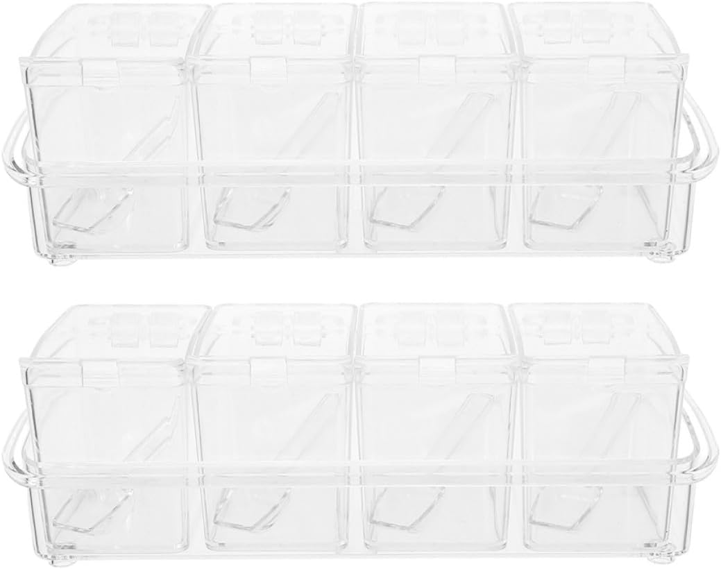 BESPORTBLE 2 Sets Acrylic Spice Box with 4 Compartments, Condiment Organizer Jars with Lid and Spoon, Small Salt and Sugar Storage Containers for Kitchen Seasoning and Spice Storage