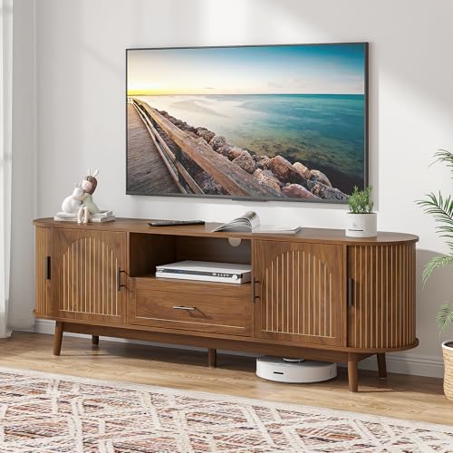 70' Fluted TV Stand for Tvs up to 80', Mid-Century Modern Entertainment Center with Drawers and Fluted Doors, Curved TV Media Console Table with Sliding Doors for Living Room, Bedroom (70')