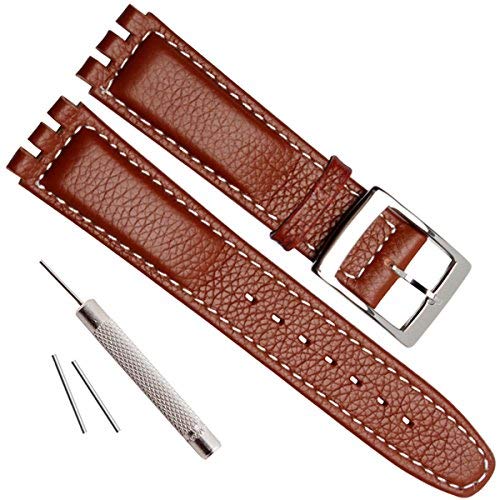 Correa de Reloj de Repuesto de Acero con, Piel de cocodrilo y Vaca(17mm, White Stitch/Brown) Cover