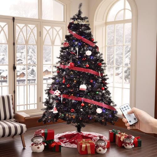 7.5FT Black Christmas Tree Prelit, 1500 PVC Branch Tips & 600 LED Lights & 11 Modes with Remote, Automatic Hinges Effortless Installation, Halloween & All Saints' Day & Christmas Decoration with Stand