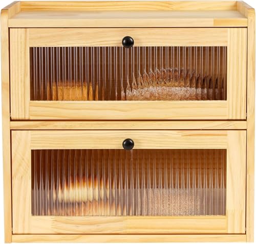 Lnopever Paneras Para Guardar El Pan Caja Grande De Madera Maciza Doble Panera Madera Para Guardar ReposteríA Con Puerta AcríLica MagnéTica Bread Bin (Tronco)