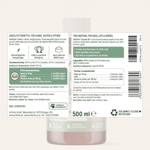 AniForte Leinöl Hunde & Katzen 500ml - Natives & kaltgepresstes Leinsamenöl, reich an Omega 3 & Omega 6 Fettsäuren, Barf Öl Zusatz, Leinöl für Hunde & Katzen