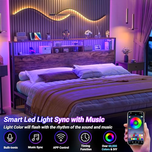 Image of Aheaplus Headboard for King Size Bed with Storage, Headboards with Outlets | King Size Head Board Only, USB Ports and LED Light, Height Adjustable, Reversible, Sturdy and Stable Headboard, Rustic Brown