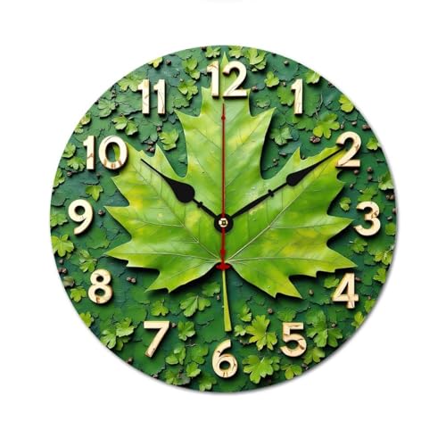 緑葉時計 緑の背景にカエデの葉 時刻を示す数字 掛け時計 北欧 壁掛 木製 10in/12in 軽量 部屋飾り 人気 ギフト静音 非電波 読みやすい リビングルーム 寝室 オフィス 30*30cm