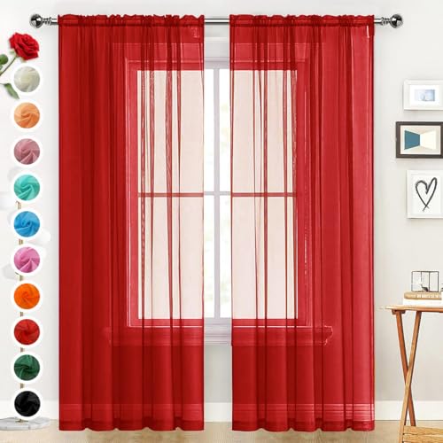 SpaceDresser Sheer Voile Window Treatment Rod Pocket Curtain Panels for Kitchen Bedroom Living Room Drapes Sunlight Filtering Privacy Semi Home Decor Assorted Colors Sizes (Christmas Red 52 W x 84 L)