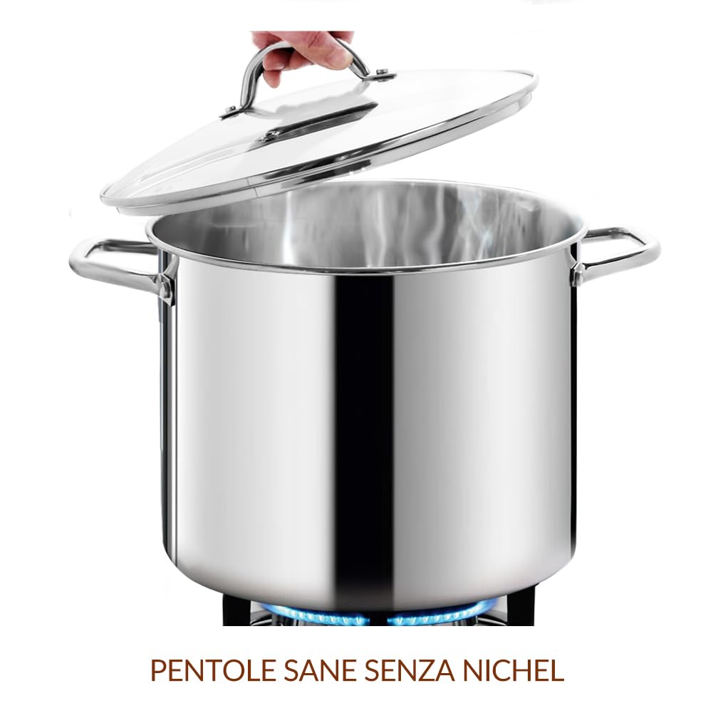 HOMICHEF Pentola Grande in Acciaio Inossidabile Senza Nichel con Coperchio in Vetro (29 cm, 15 Litri) - Pentola a Induzione per la Salute con Finitura a Specchio