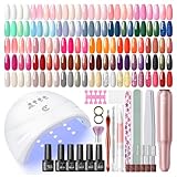 PEACECOLOR Kit Uñas Semipermanentes, 40PCS Esmaltes Pintauñas Semipermanentes Base Top Coat Brillante Mate Glitter, Lámpara U V/LED Lima Electrica Uñas Kit Completo Regalos Principiantes