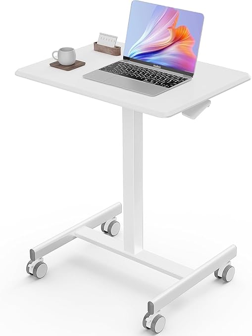 Sweetcrispy Mobile Small Standing Desk - Sit Stand Portable Rolling Laptop Desk with Lockable Wheels, Adjustable Height Computer Workstations, White