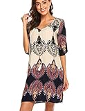 ✿ Design: 3/4 lange Ärmel, lose Taille, V-Ausschnitt, über dem Knie Länge, Blumendruck, böhmischen Druck Stil.Minikleid, Sommerkleid, böhmisches Kleid, Boho Kleid, lässige Kleider, Strandkleid, Tunika-Kleid.