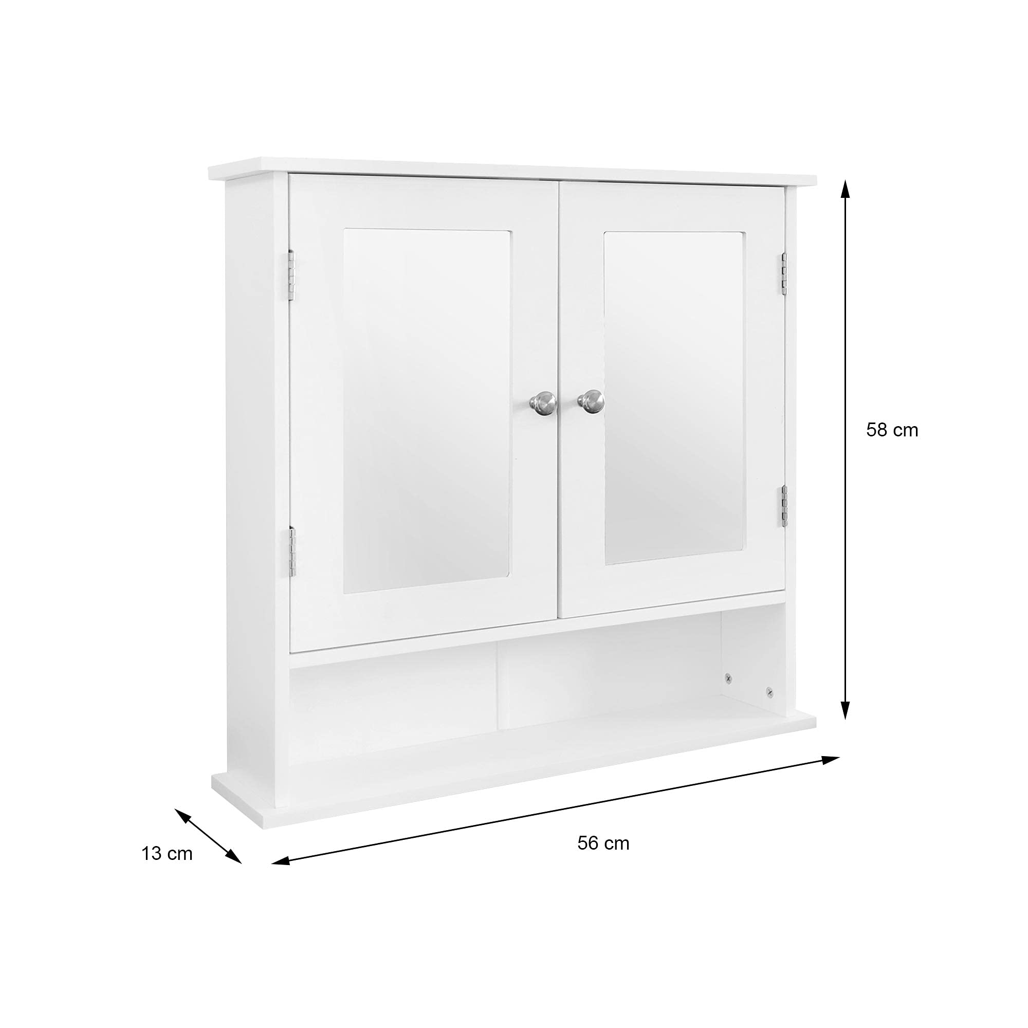 ML-Design Mobiletto Pensile da Bagno Armadietto a Specchio Contenitore con 2 Ante 56x58x13 cm Armadio da Parete Stile Country Shabby Mobile Portaoggetti Multiuso Salvaspazio Arredo in Legno MDF Bianco