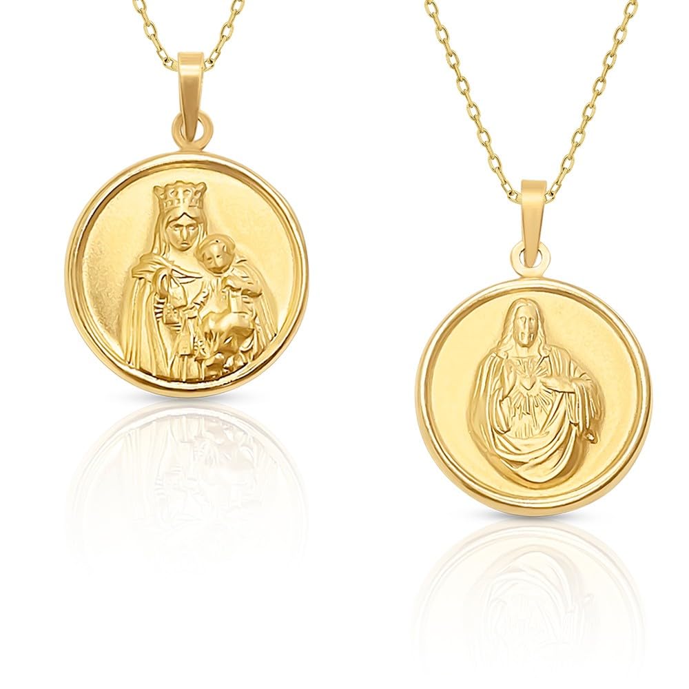 Medalla Colgante Escapulario Oro de Ley, Virgen Carmen y Sagrado Corazón, Medida 14 mm más Cadena 45 cm