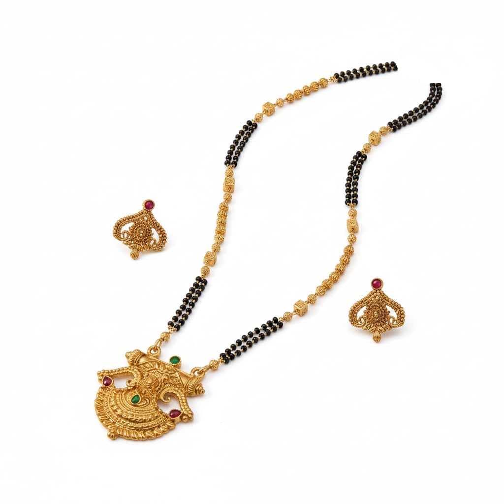 Traditional Maharashtrian 36 Inch Long Mangalsutra with Round Pendant & Floral Stud Earrings | Antique Gold Plated Chain Stylish Jewelry for Women & Girls Mangal Sutra