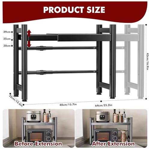 KALBIGRO Soporte para Microondas Extensible, Estanteria Microondas de Cocina 2 Niveles, Mueble para Microondas Encimera al Carbono, Estante para Microondas con 8 Ganchos 1 Soporte de Utensilios - imagen 3