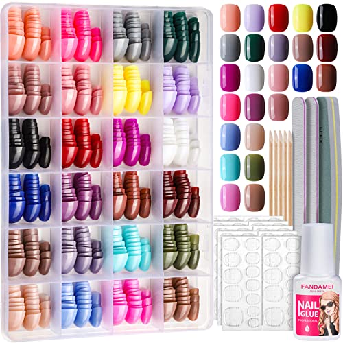 Press On Nails Short, Fandamei 24 Packs 576Pcs Small Short Round Press On Nails, 24 Glossy Color Small Fake Nails, Glue On Nails With 7G Nail Glue, 24 Color False Nail For Small Nails And Hands #TOP29