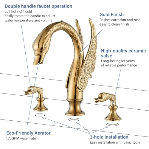 Vidugg 20230926 Gold Swan Bathroom Sink Faucet 3 Holes Widepspread Bathroom Faucet Double Swan Handles Basin Faucet Sink Mixer Tap Bathroom Vanity Faucets Contemporary Faucet Bathroom Sink thumb #5