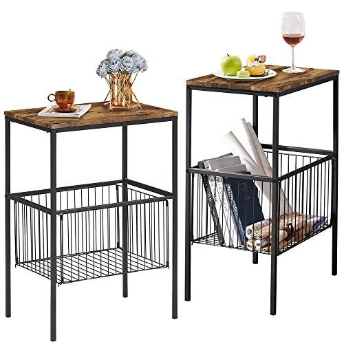 Vecelo Versatile Side End Table 31” Tall Shelf Storage Organizer With Foldable Basket For Living Room/Kitchen/Laundry/Bathroom, Industrial Metal Frame, Set Of 2, Brown #TOP17