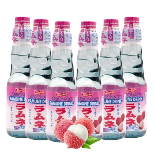 Ramune Japanese marble soda lychee flavor, 6-pack carbonated soft drinks in glass bottles, classic Japanese fizzy beverage, fun marble bottle, imported from Japan
