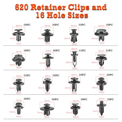 Image of Car Retainer Clips & Fasteners Kit - 16 Universal Sizes Nylon Bumper, Fender Rivets, Door Panel Clips, and Plastic Rivets with 10 Cable Ties and Removal Tool for Toyota, Ford (635pcs)
