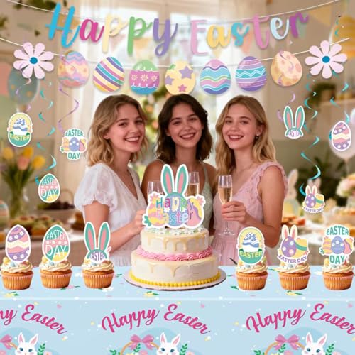 BlissfulDestiny Easter Party Supplies Set, Easter Theme 331 Pieces with Plates, Napkins, Cups, Banner, Balloon, Tablecloth, Flag Swirls and Tableware for 40 Guest Pink and Blue Design for Party by BlissfulDestiny - Used condition - Image 2
