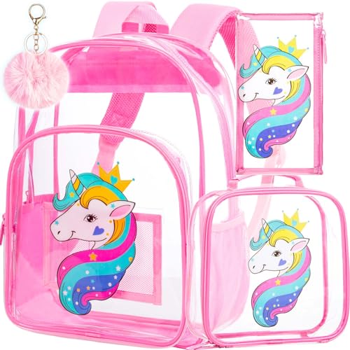 Image of AGSDON 3PCS Clear Backpack for Girls, Kids Unicorn Transparent Bookbag Heavy Duty, Cute See Through Backpacks with Lunch Bag - Pink