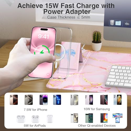 Image of Wireless Charging Mouse Pad with Foldable Phone Holder, 31.5 inchx15.8 inch Large Desk Mat for Laptop /Keyboard, Waterproof Ultra-Smooth Surface, Non-Slip Base, Pink Marble