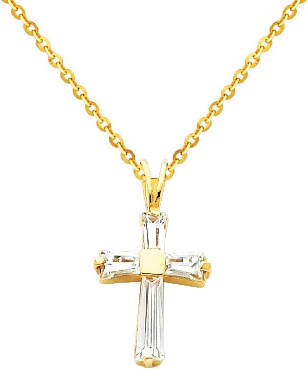 The World Jewelry Center 14k Yellow Gold CZ Religious Cross Pendant with 1.2mm Cable Chain Necklace