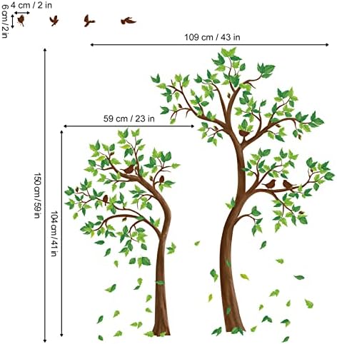 decalmile Green Tree Wall Stickers Flying Leaves Birds Wall Decals Bedroom Living Room Sofa TV Background Wall Decor