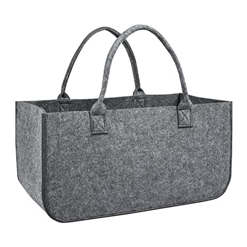 UISEBRT Lot de 4 Sac en Feutre Bois de cheminée avec poignées de Transport, Panier a Bois, Sac à provisions, journaux, bûches, 25 x 25 x 50 cm, Gris