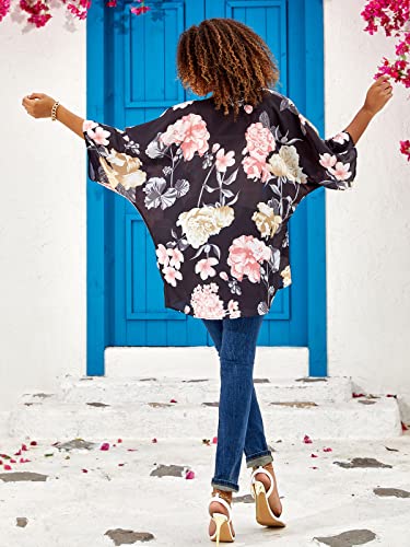Bb&Kk Women's Chiffon Floral Kimono Cover Ups Tops Summer Lightweight Sheer Thin Cardigans Beach Boho Hawaiian Shirts Black Small #TOP1