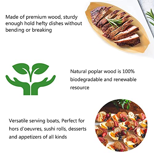 YESTOO Disposable Wood Serving Boats Plates Trays,100 Pack 7\", Disposable Plates for Appetizer Sushi Dessert Buffet Hors d\'oeuvres Serving Tray, Biodegradable and Compostable Bowls (100, 7 INCH)