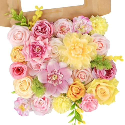 Roahosy Pink and Yellow Artificial Flowers, Fake Rose Silk Flower for Centerpieces Pastel Flowers for DIY Wedding Bridal Bouquet Baby Shower Birthday Party Home Decorations