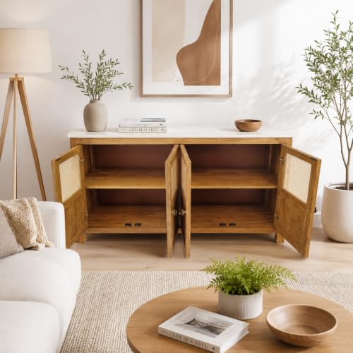 Image of The Attic Crestwood Solid Wood Sideboard Cabinet with Cane Doors | Storage & Display Cabinet for Living Room & Dining Room | Handcrafted Mango Wood, Light Teak Finish