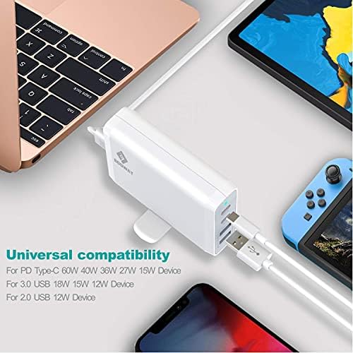 USB C Power Adapter Wall Charger, Egoway 90W PD Multiport Fast Charger 4-Port with 60W & 18W QC 3.0 USB Plug Charger Mains Delivery Adapter and Dual USB A Ports 12W