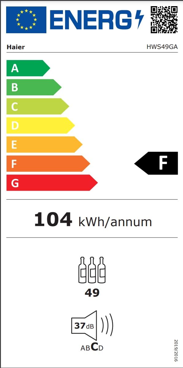 Haier Wine Bank 50 Series 5 HWS49GA stojak na wino, 49 butelek, App hOn, szkło anty-UV, drewniane półki, oświetlenie LED, klasa F, 49,7 x 58,5 x 82 cm, czarny