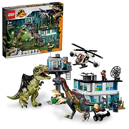 LEGO Jurassic World Giganotosaurus & Therizinosaurus Attack with 2 Dinosaur Toy Figures, ATV Car, Helicopter, Garage & 6 Minifigures, Gifts for Kids, Boys and Girls 76949