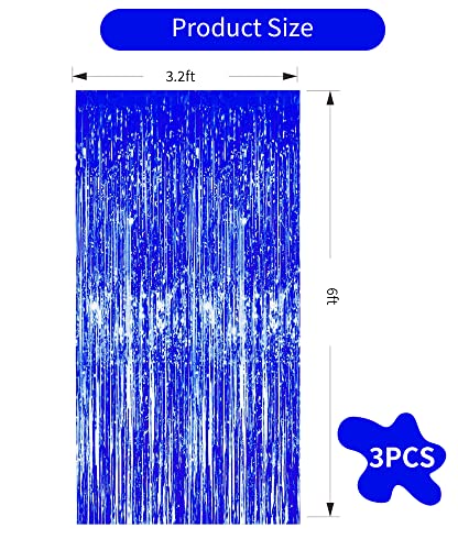 Image of 3 Pcs Blue Tinsel Foil Fringe Curtains,3.28ft x 6.56ft Gold Photo Booth Backdrop Streamer Curtain,Photo Booth Props,Ideal Bachelorette Party Supplies, Birthday, Christmas,New Year Decorations