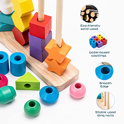 Flameflash Montessori Toys Bead Sequencing Set, Wooden Lacing Beads & Matching Shapes Colors Stacking Toy For 2 3 4 5 Year Old, Toddlers Preschool Learning Fine Motor Skills Toys #TOP4